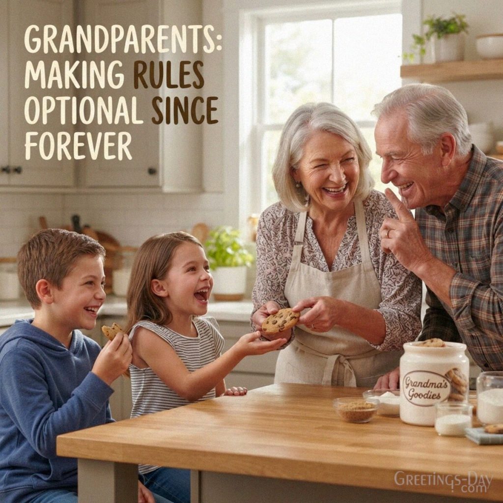 Funny Grandparents Day wish with Grandma and Grandpa giving grandkids cookies and “Grandparents: Making Rules Optional Since Forever” with the text 