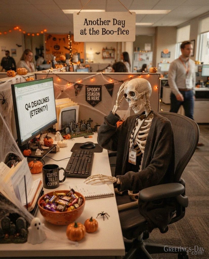 Funny Halloween office card with a tired skeleton at a decorated workspace and the humorous message “Another Day at the Boo-fice” with the text