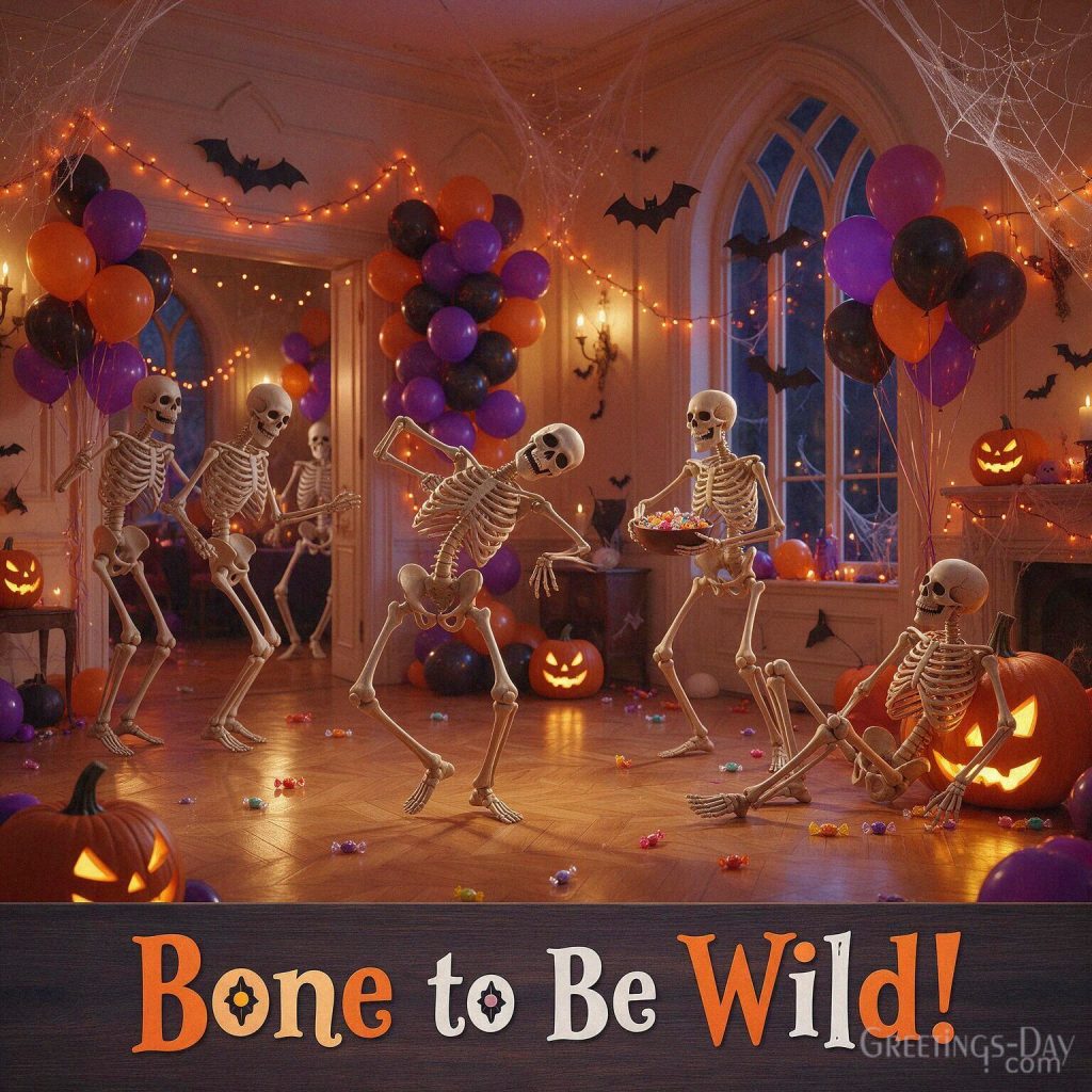 Funny skeleton Halloween image with wild dancing skeletons