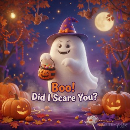 Cute funny Halloween image with a friendly ghost in a witch hat