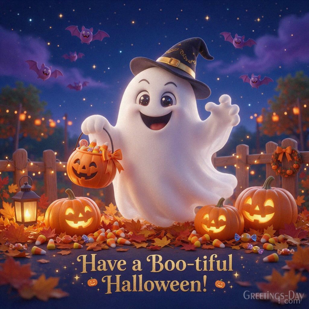 Funny Halloween greeting card with a cute white ghost