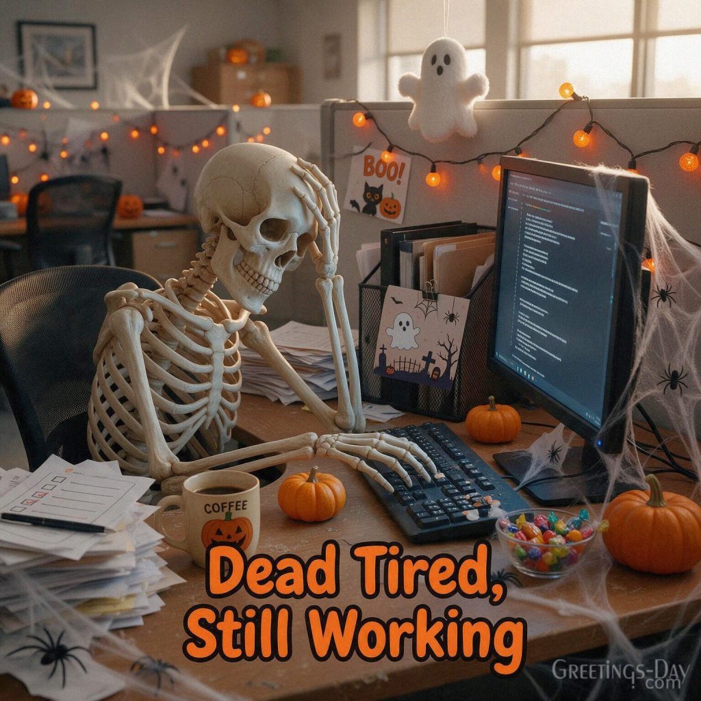 Funny Halloween coworker card with an exhausted skeleton at a computer