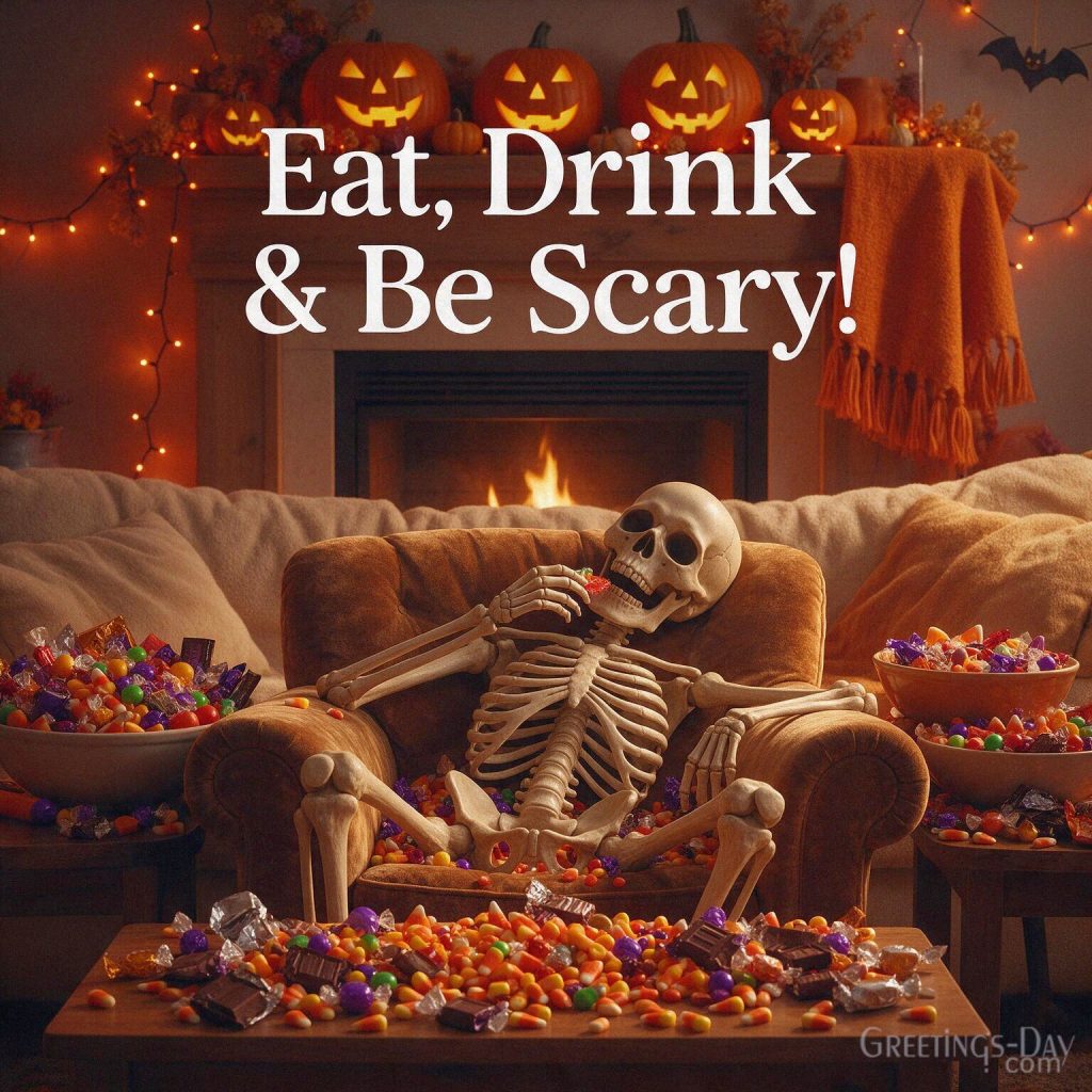 Funny Halloween card with a cheerful skeleton surrounded by candy