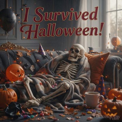 Funny Halloween image for adults with an exhausted skeleton on a sofa