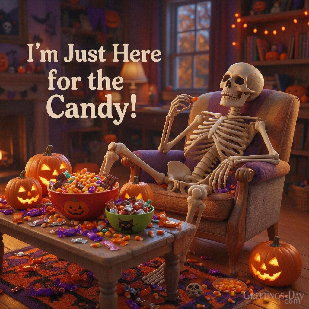 Funny Halloween image of a candy-loving skeleton relaxing with sweets