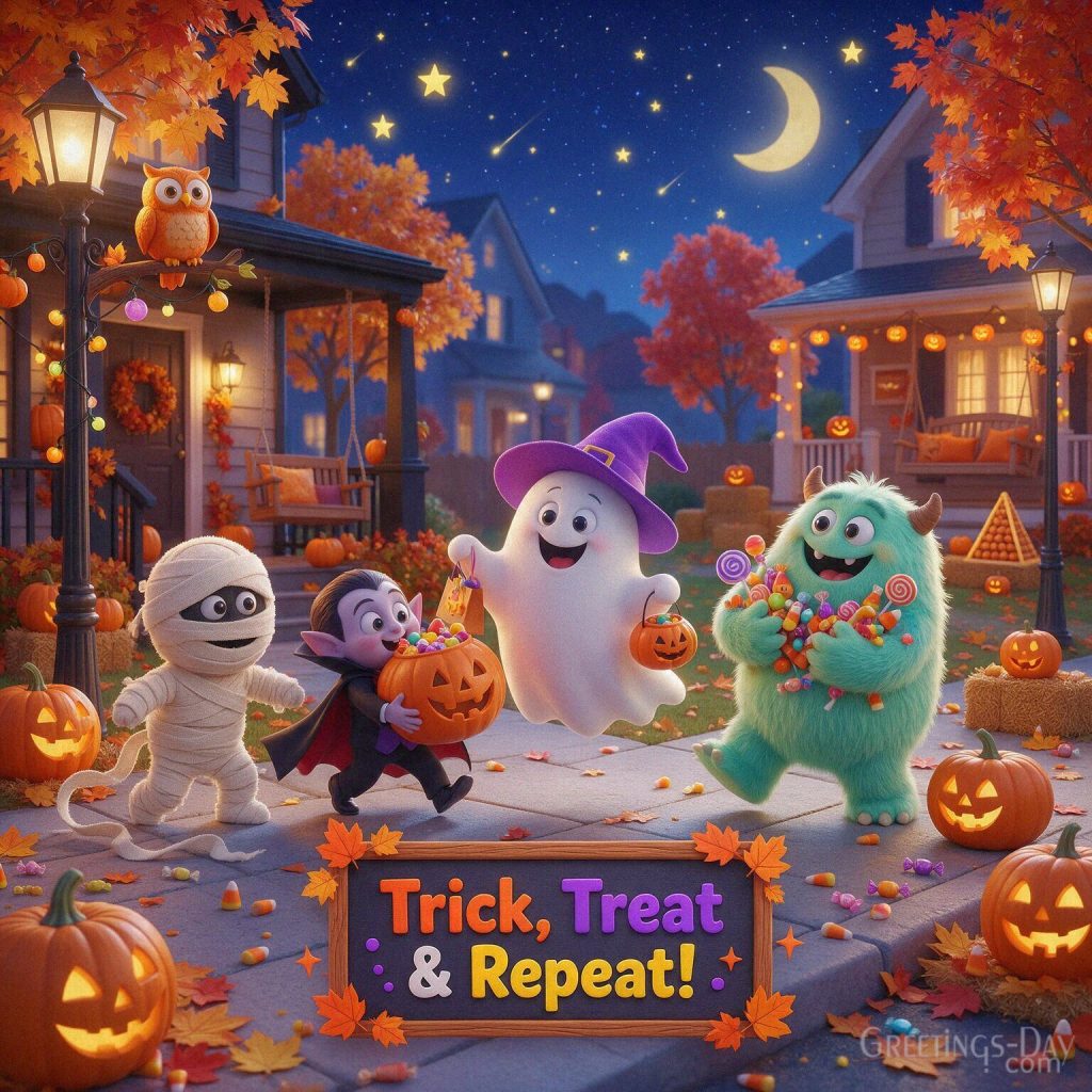 Funny Halloween card for kids with cute monsters