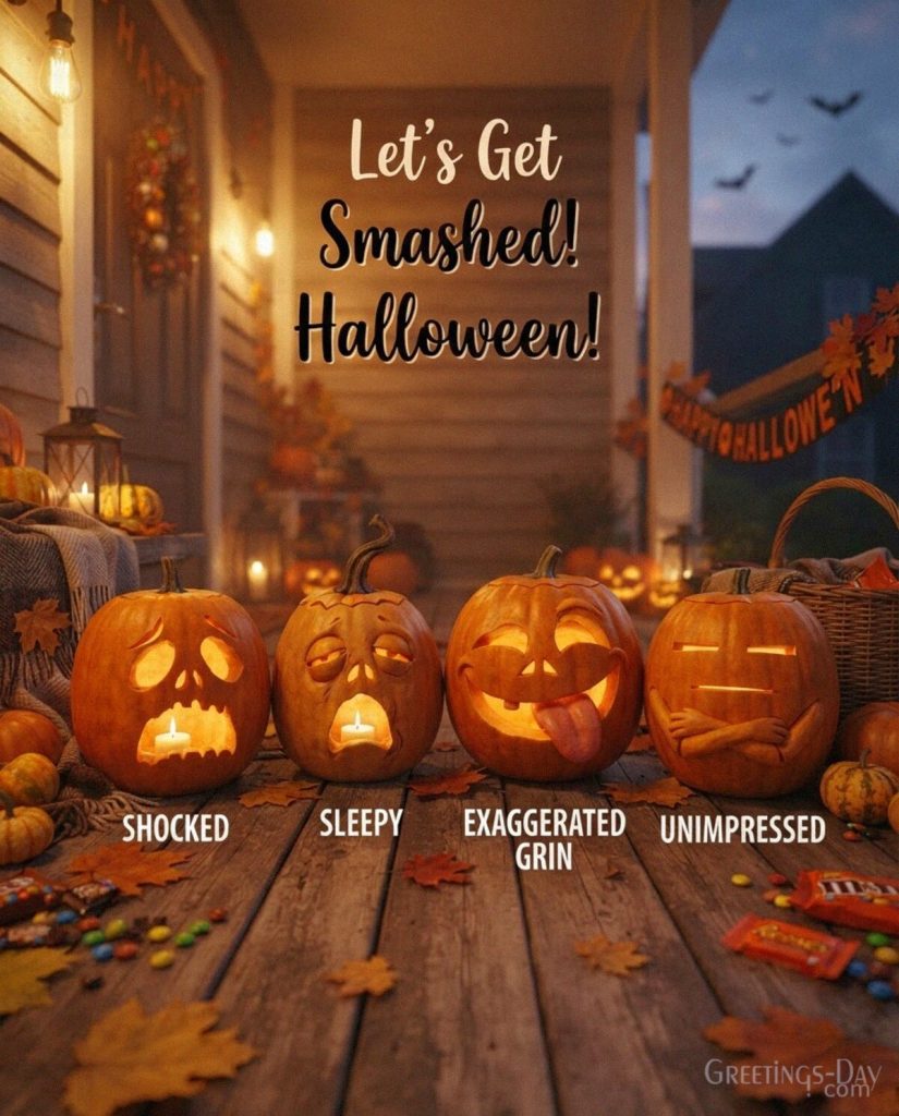 Funny Halloween pumpkin card with goofy glowing jack-o’-lanterns