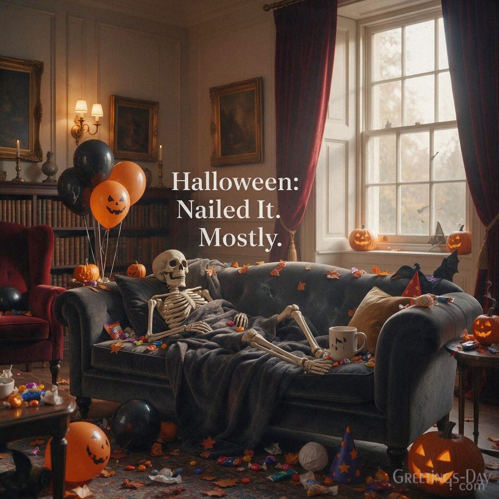 Funny Halloween greeting image with an exhausted skeleton