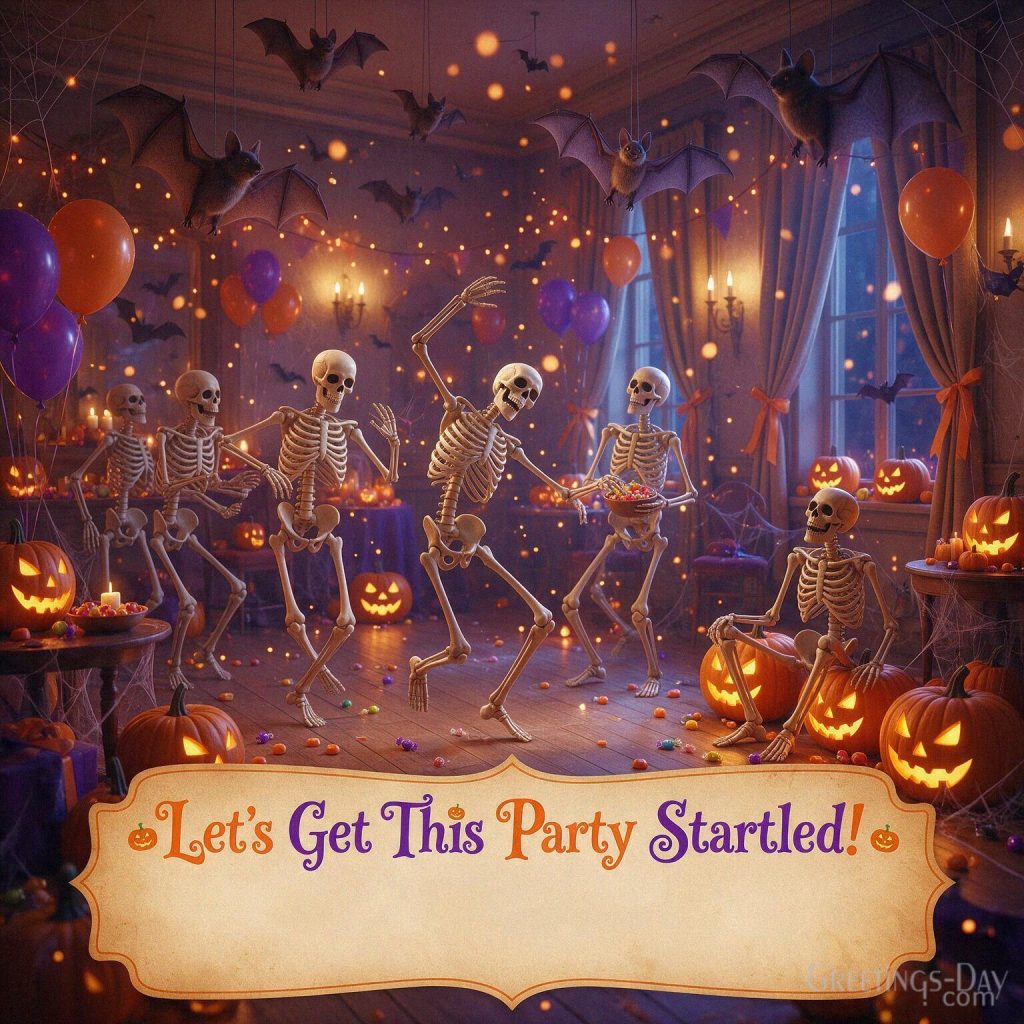Funny Halloween party image with dancing skeletons
