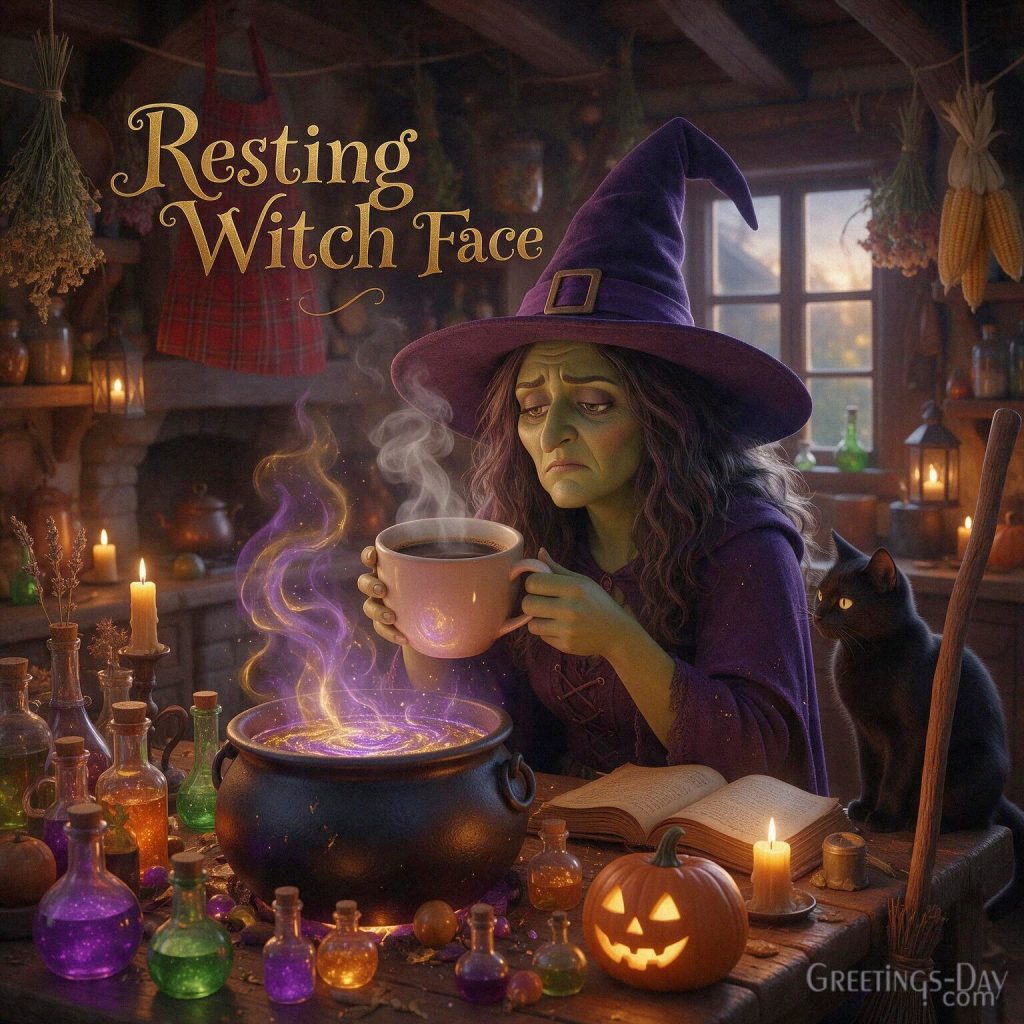 Funny Halloween card featuring an unimpressed witch with coffee