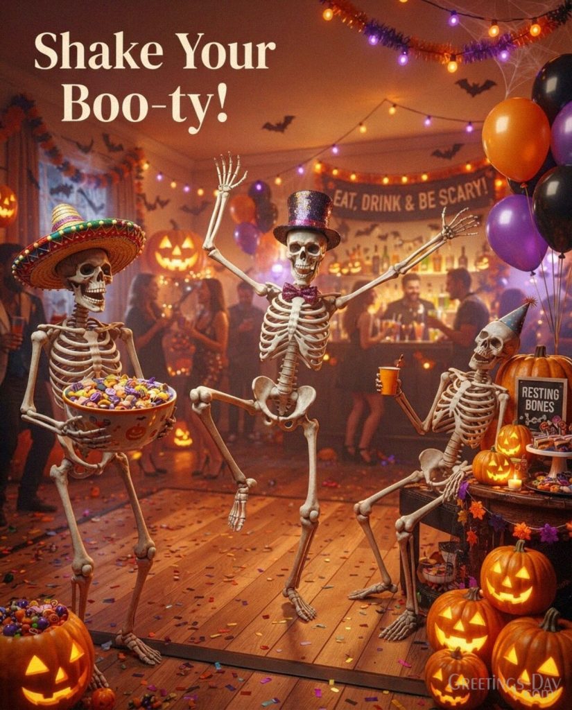 Funny Halloween card with dancing skeletons at a spooky party and the playful quote “Shake Your Boo-ty!” with the text 