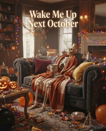 Funny Halloween card with a tired skeleton wrapped in a blanket after a party and the message “Wake Me Up Next October” with the text "Wake Me Up Next October"