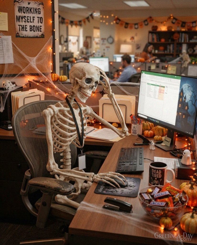 Funny Halloween work image featuring a skeleton at an office desk with coffee