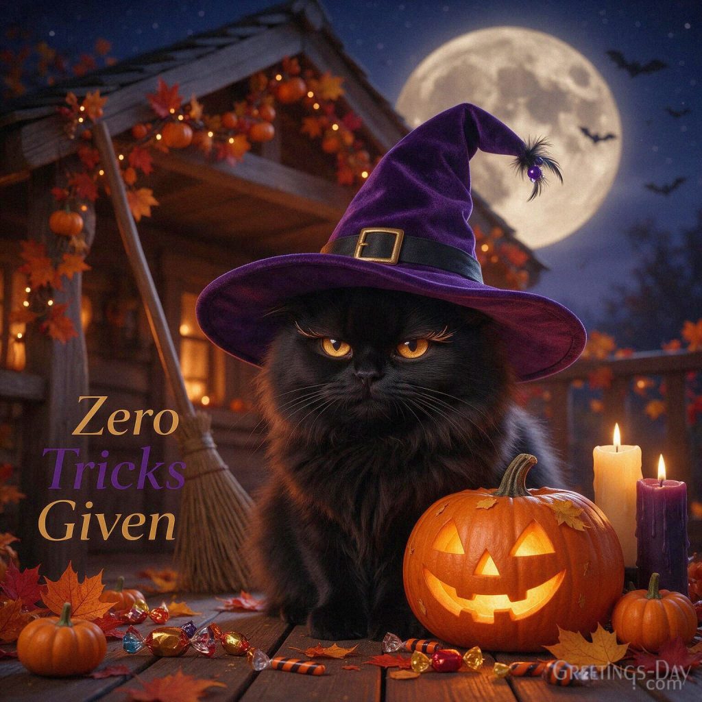 Funny Halloween black cat card featuring an unimpressed cat
