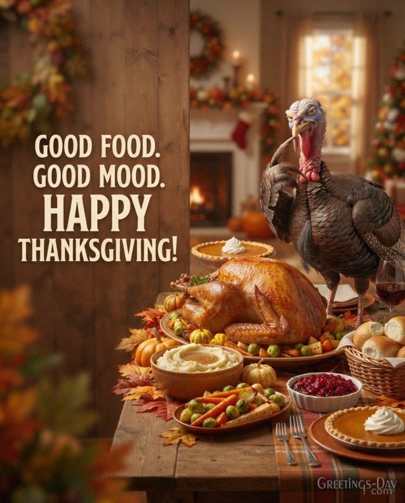 Funny Happy Thanksgiving image with turkey and festive food featuring “Good Food. Good Mood. Happy Thanksgiving!” with the text 