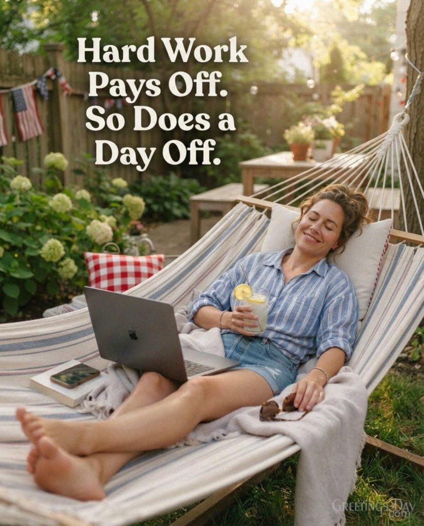 Funny Labor Day work quote with closed laptop and relaxing backyard scene featuring “Hard Work Pays Off. So Does a Day Off.” with the text 