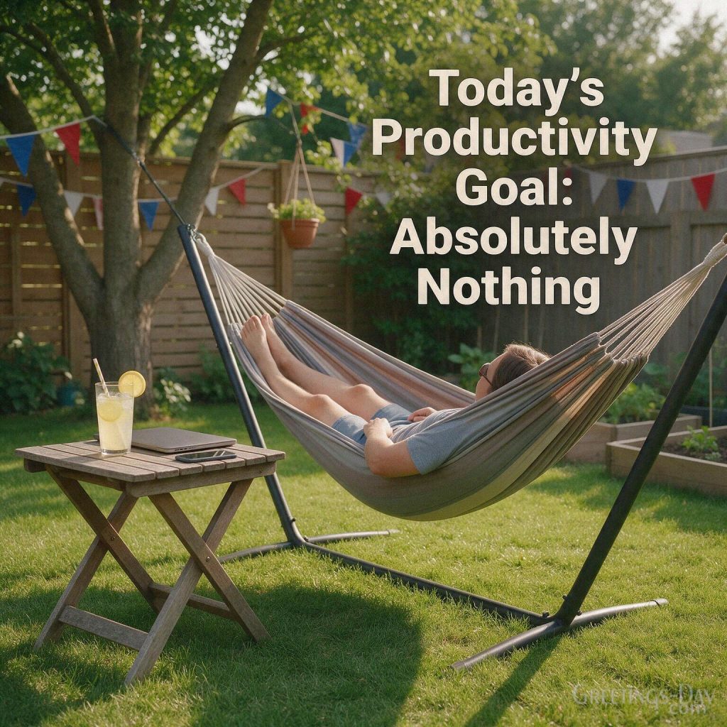 Funny Labor Day quote about relaxing with lounge chair and closed laptop featuring “Today’s Productivity Goal: Absolutely Nothing” with the text 