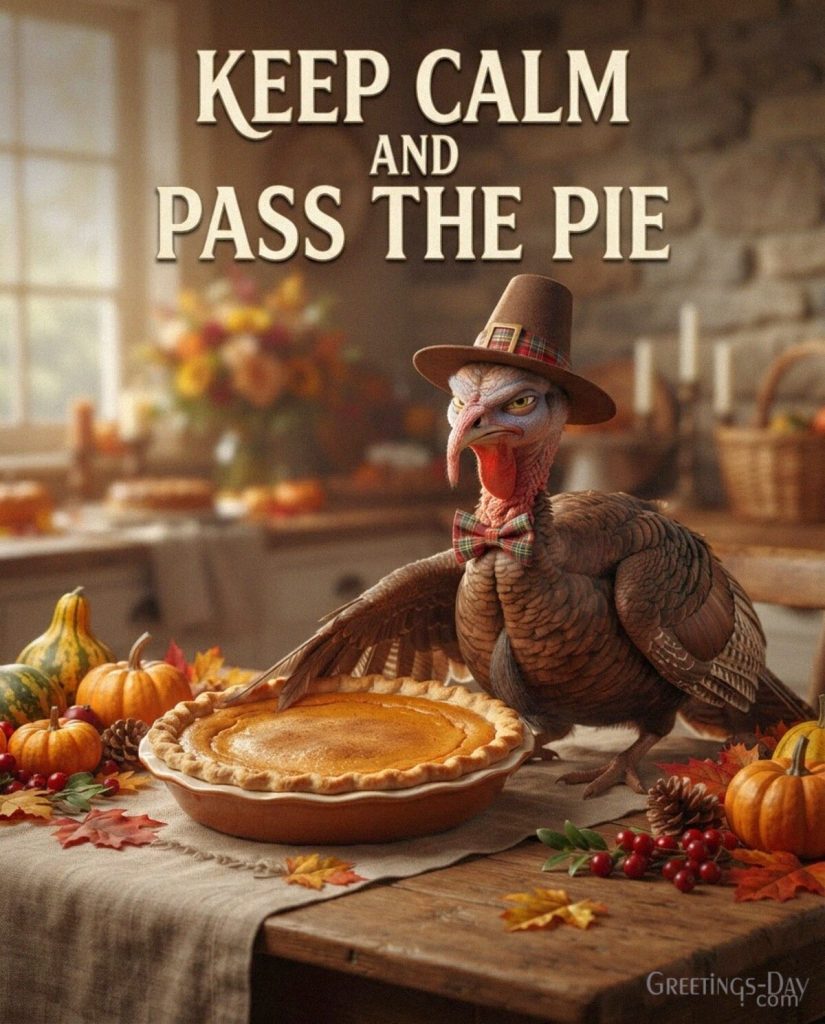 Funny Thanksgiving greeting card with a turkey guarding pumpkin pie and the message “Keep Calm and Pass the Pie” with the text