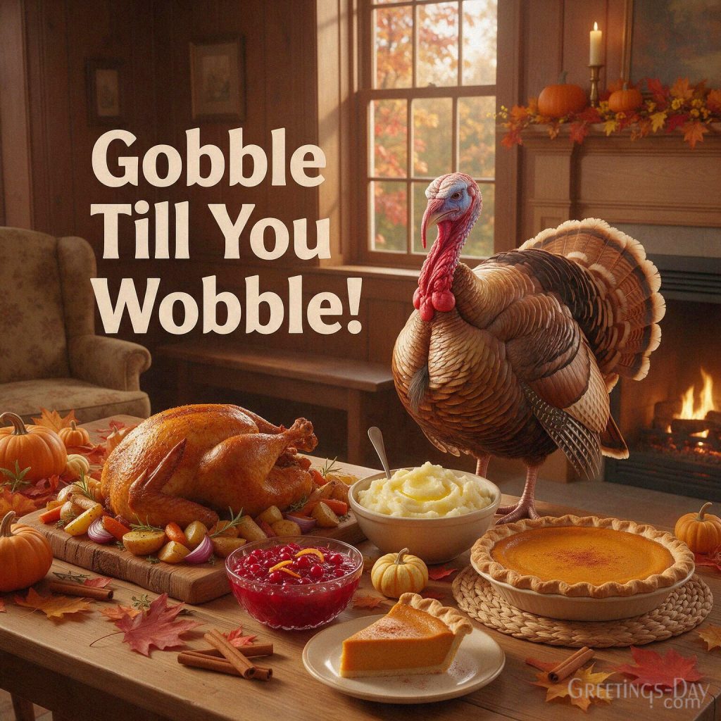 Funny Thanksgiving image with a playful turkey and holiday dinner featuring the saying “Gobble Till You Wobble!” with the text 