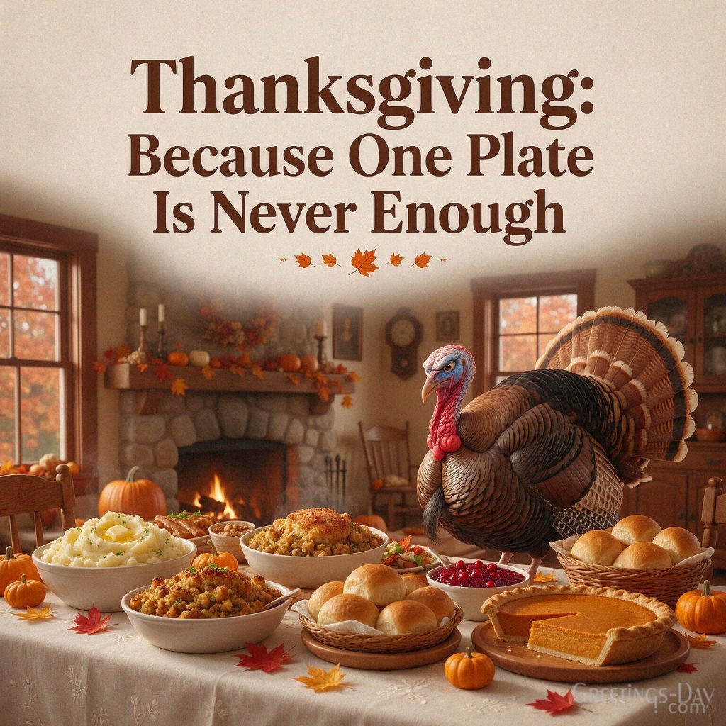 Funny Thanksgiving saying with a turkey and festive dinner featuring “Thanksgiving: Because One Plate Is Never Enough” with the text