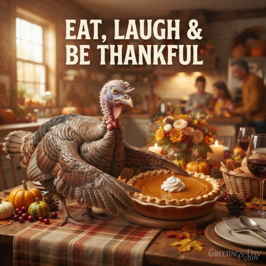 Funny Thanksgiving turkey card with festive food and fall decorations featuring “Eat