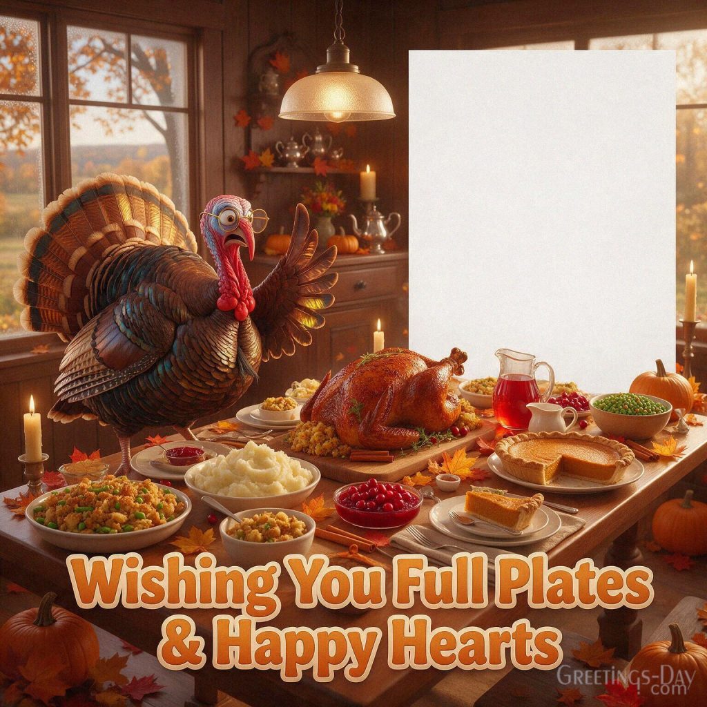 Funny Thanksgiving wishes with a festive turkey dinner featuring “Wishing You Full Plates & Happy Hearts” with the text 