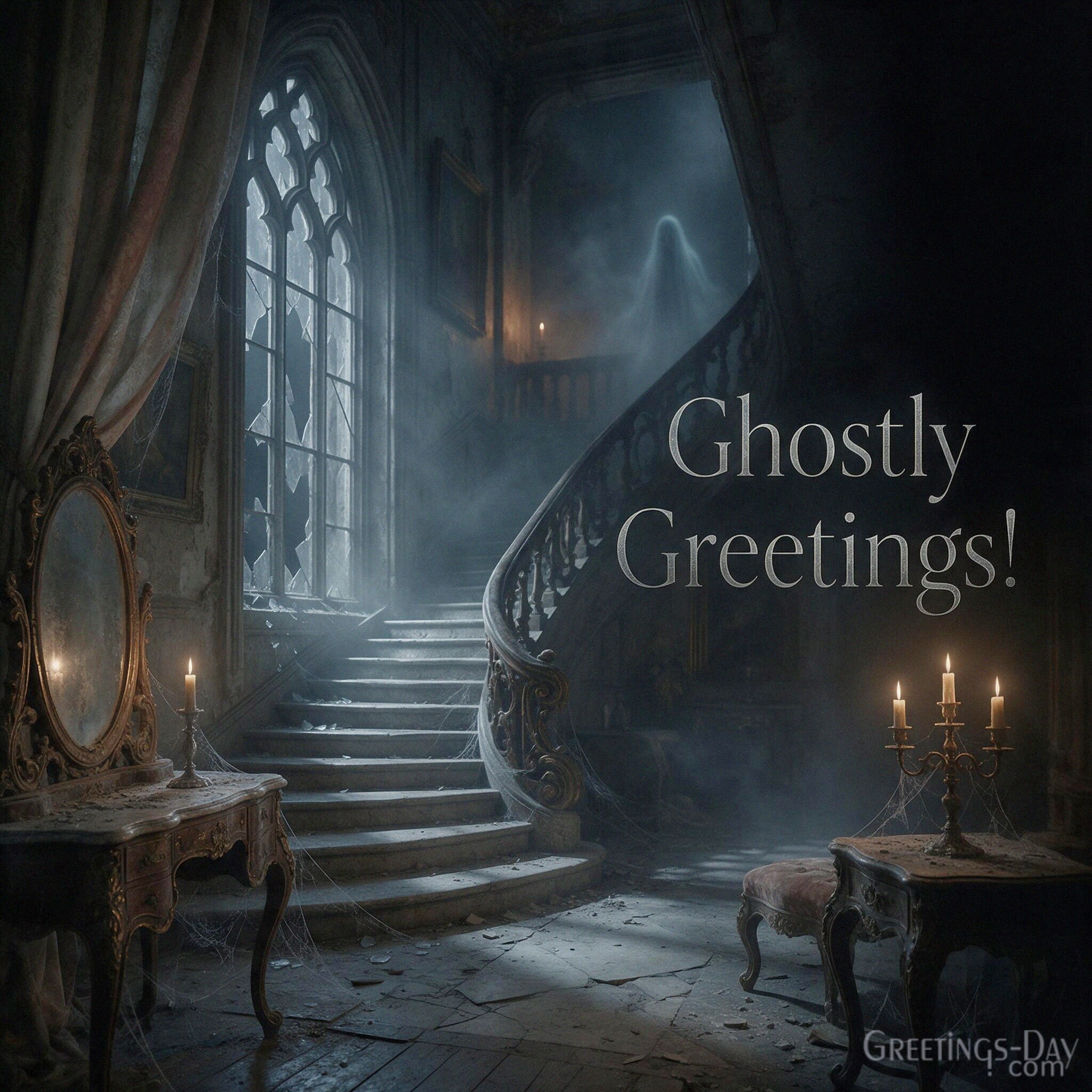 Ghostly Greetings Halloween image inside an abandoned gothic mansion with mysterious ghost
