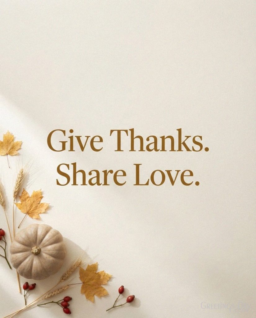 Short Thanksgiving message to share with elegant autumn decor featuring “Give Thanks. Share Love.” with the text