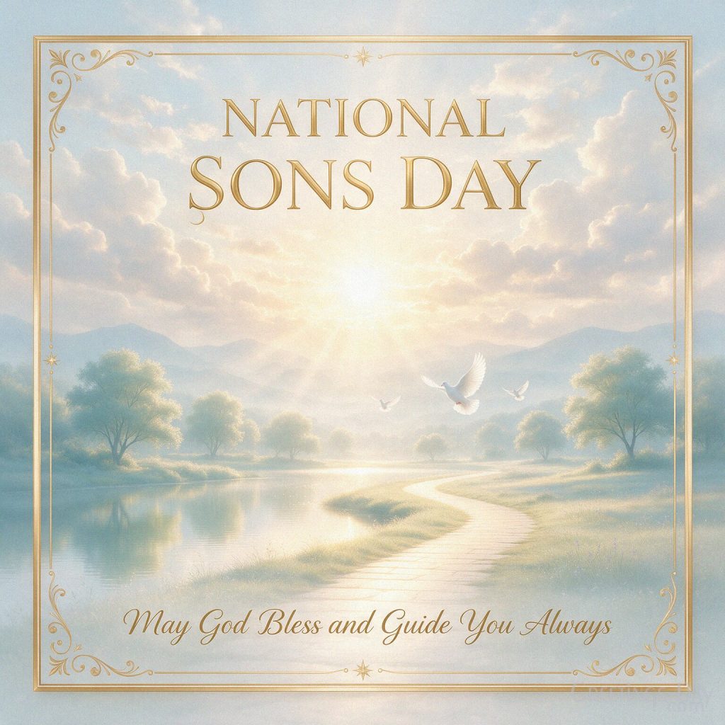 Peaceful National Sons Day blessing with sunrise and the words May God Bless and Guide You Always with the text 