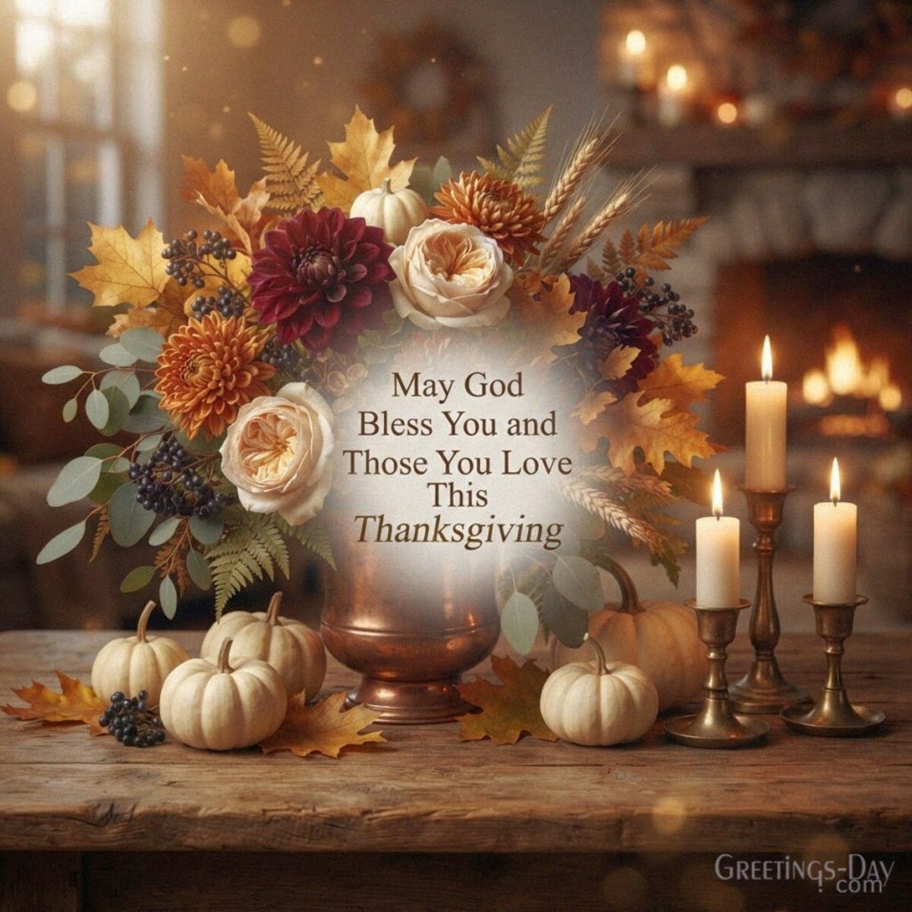 Religious Thanksgiving blessing for loved ones with elegant autumn decor featuring “May God Bless You and Those You Love This Thanksgiving” with the text