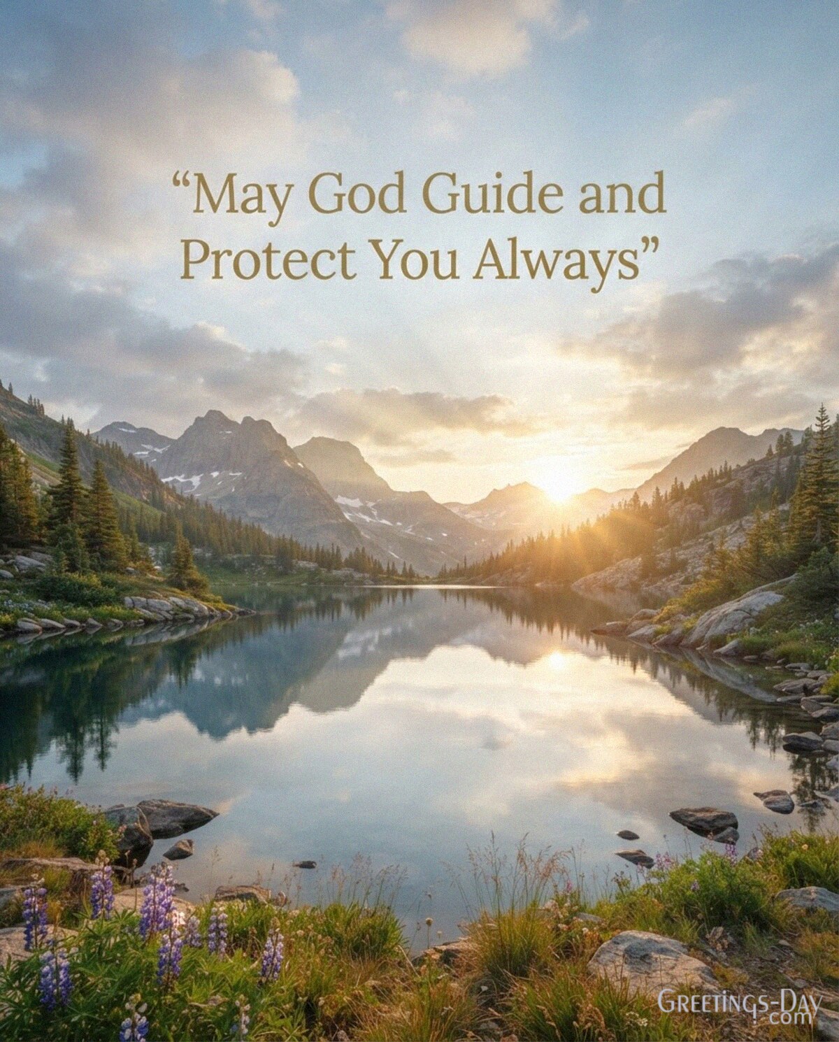 Religious National Sons Day message with a peaceful sunrise over a mountain lake with the text "May God Guide and Protect You Always"