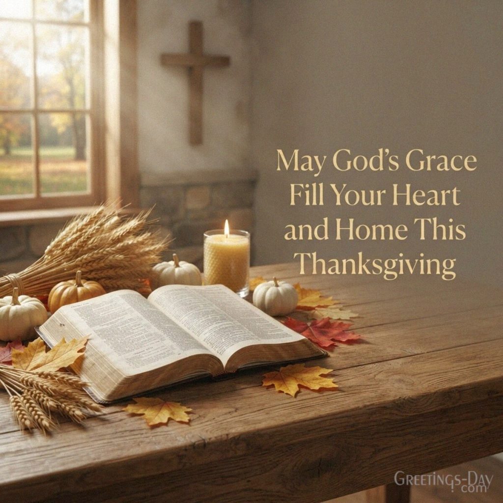 Christian Thanksgiving blessing with an open Bible and peaceful fall decor featuring “May God’s Grace Fill Your Heart and Home This Thanksgiving” with the text