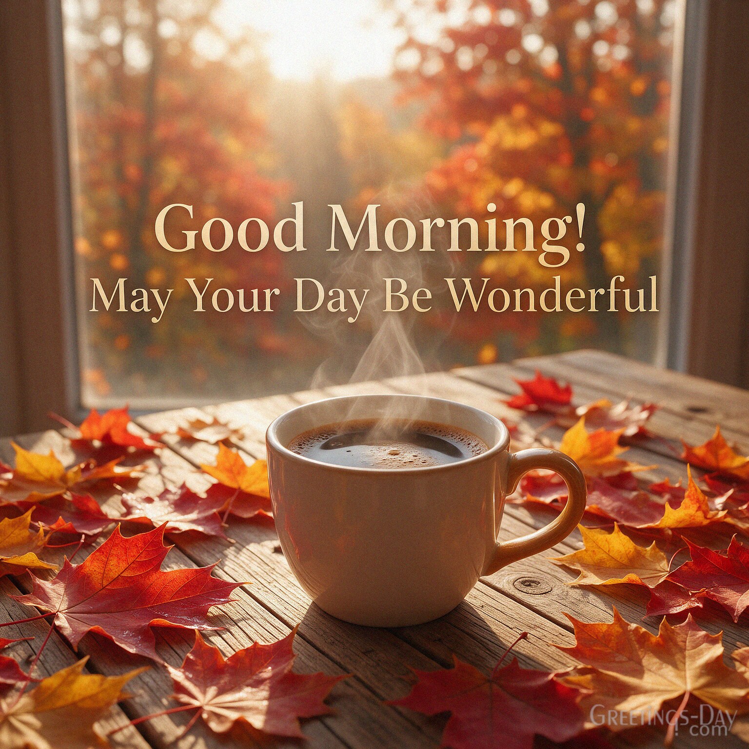 Good Morning autumn image with golden leaves and soft sunrise featuring “May Your Fall Morning Be Warm and Beautiful” with the text "May Your Fall Morning Be Warm and Beautiful"