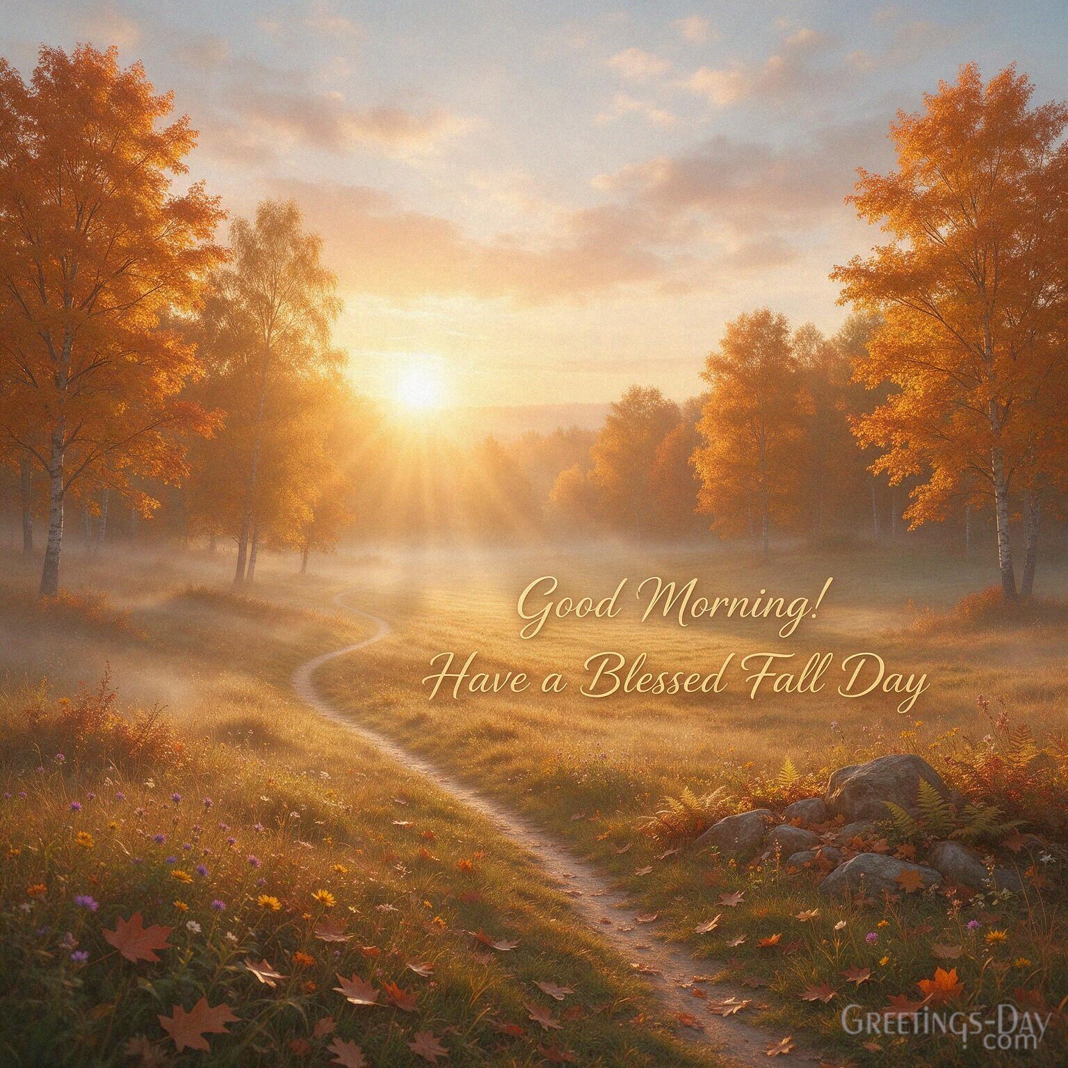 Good Morning Fall blessing image with a peaceful sunrise
