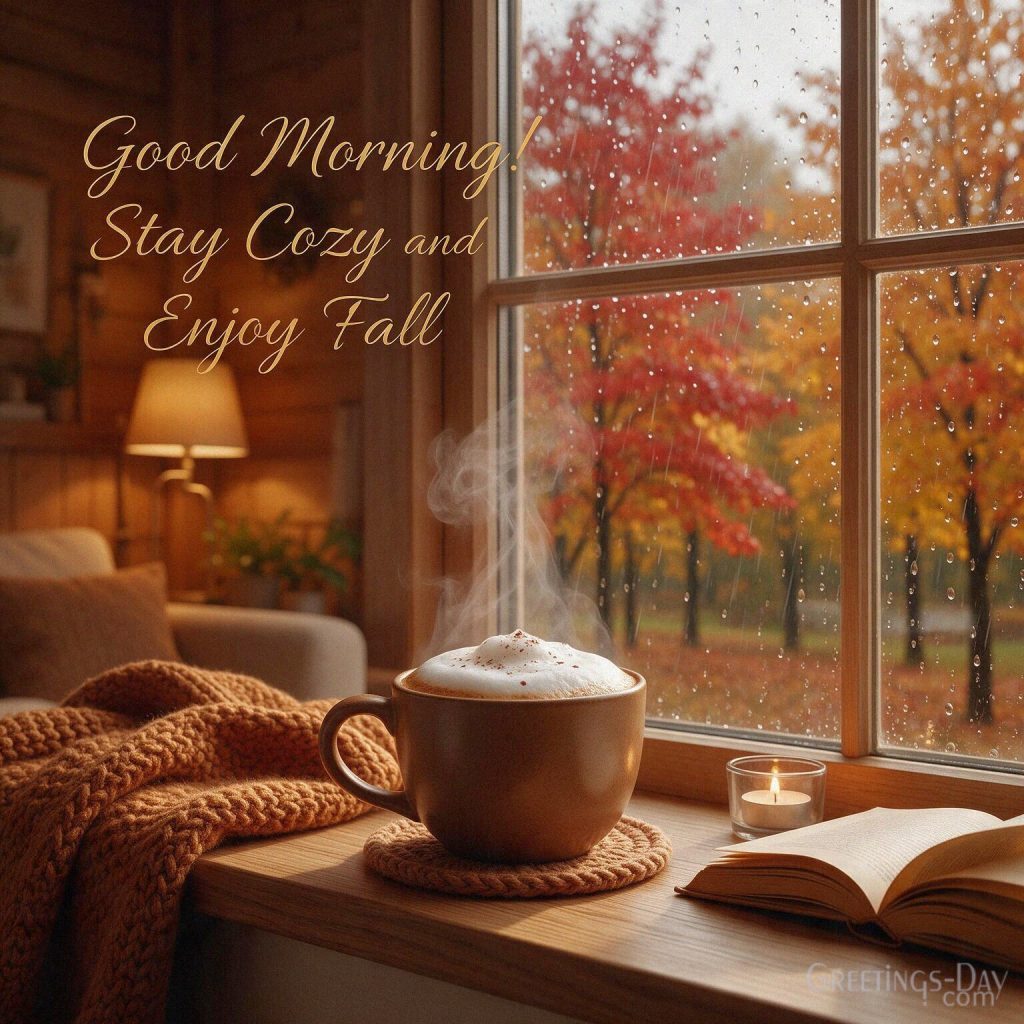 Cozy Good Morning Fall image with steaming coffee by a rainy window