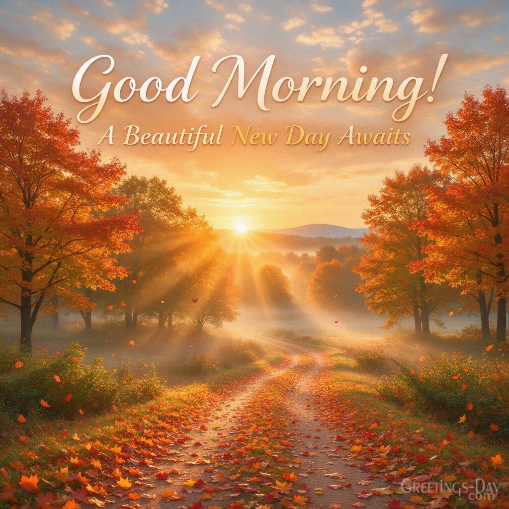 Good Morning Fall image with a golden sunrise over colorful autumn countryside and peaceful morning scenery with the text 