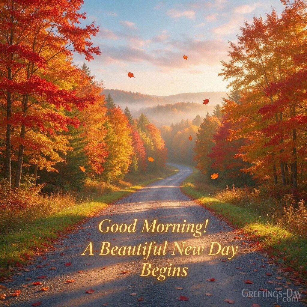 Inspirational Good Morning Fall image with a colorful autumn road