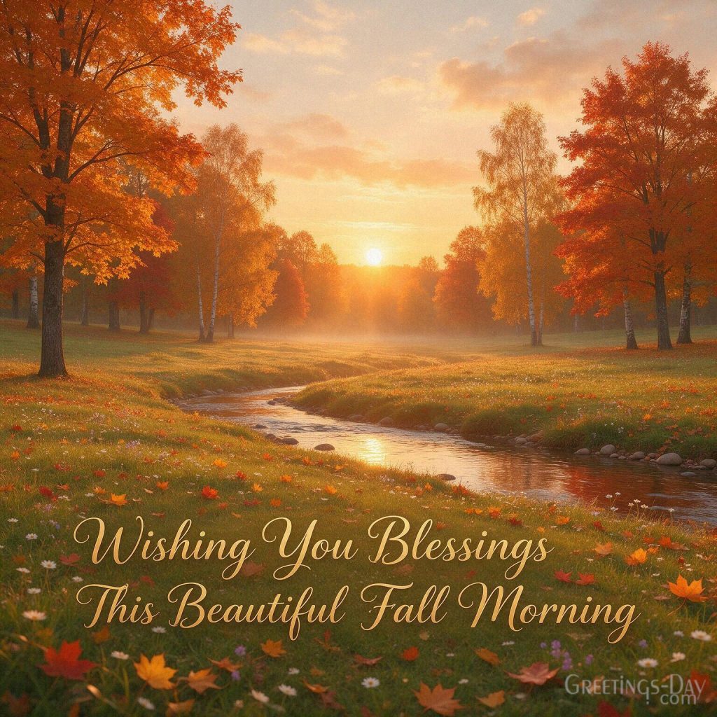 Good Morning Fall blessings image with a glowing autumn sunrise and golden trees with the message “Wishing You Blessings This Beautiful Fall Morning” with the text