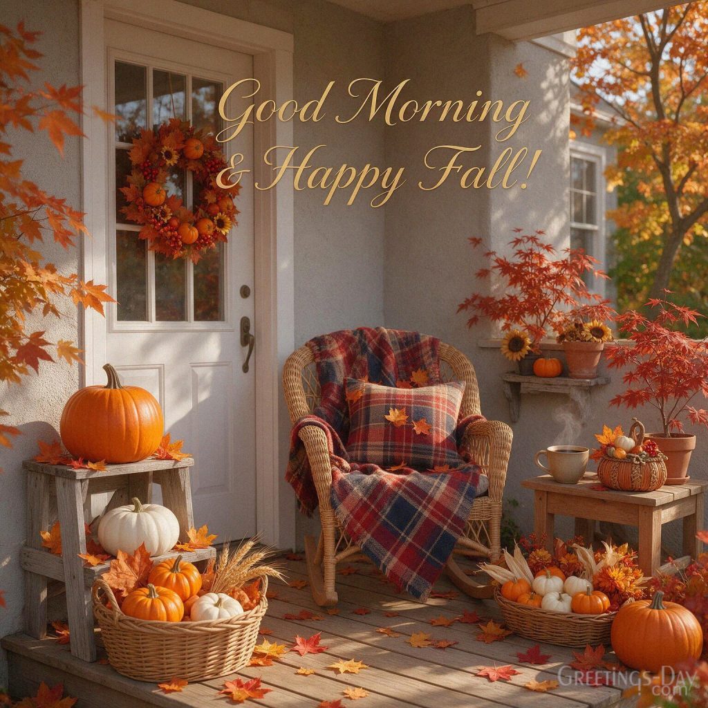 Good Morning and Happy Fall image with orange and white pumpkins