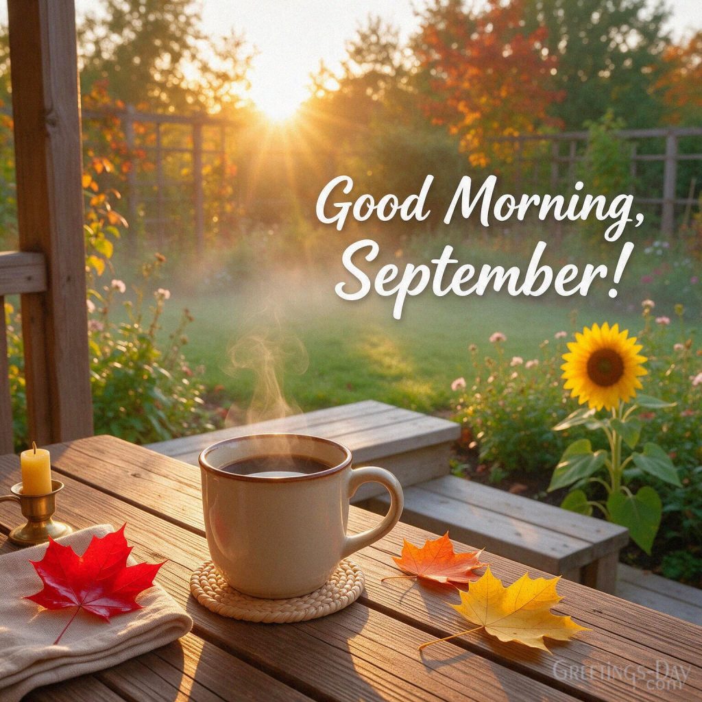 Good Morning September image with steaming coffee
