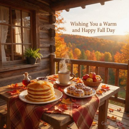 Good Morning autumn image with colorful fall landscape featuring “Wishing You a Wonderful Autumn Day” with the text "Wishing You a Wonderful Autumn Day"