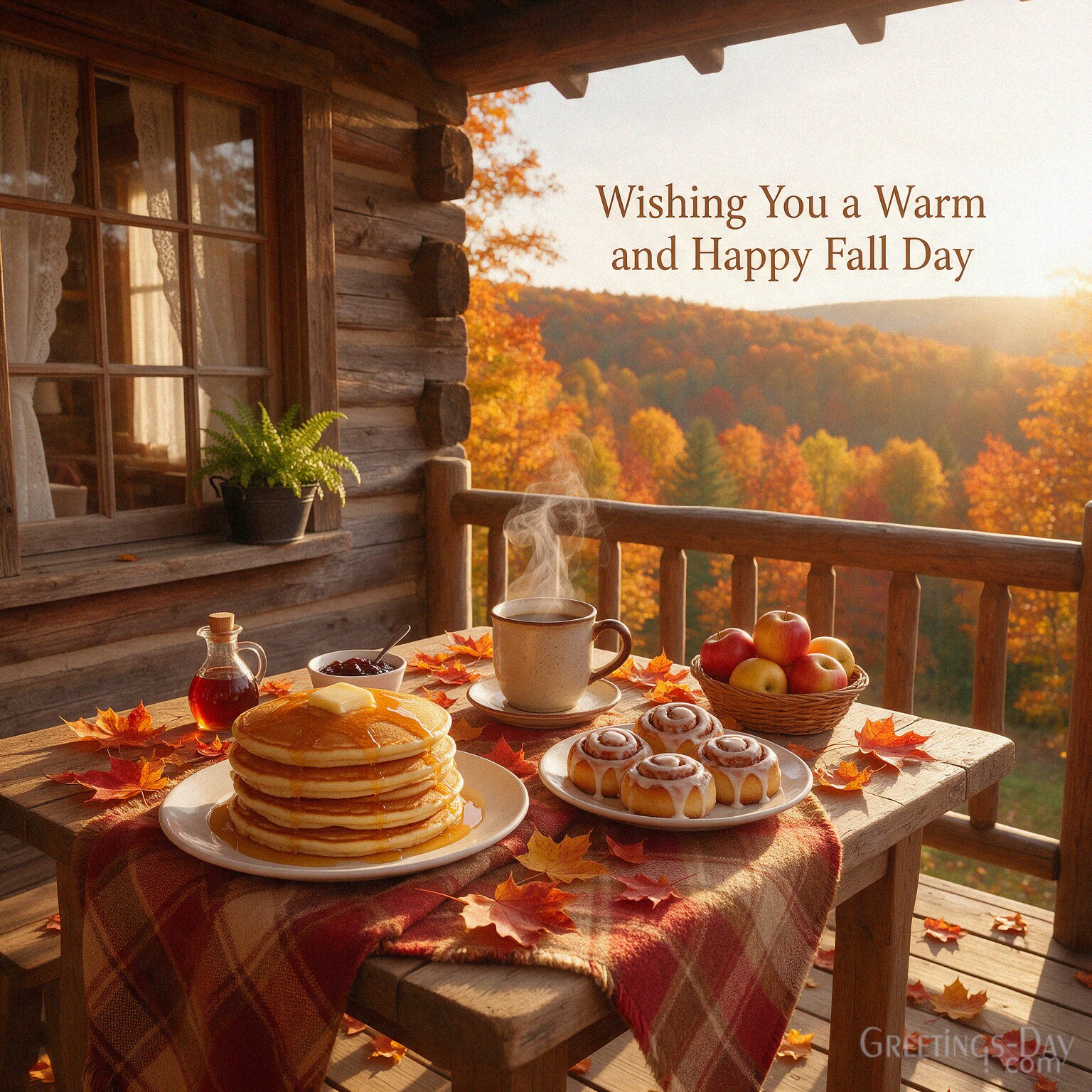 Good Morning autumn image with colorful fall landscape featuring “Wishing You a Wonderful Autumn Day” with the text "Wishing You a Wonderful Autumn Day"