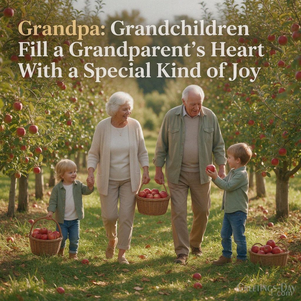 Grandparents and grandchildren quote in a sunny apple orchard with “Grandchildren Fill a Grandparent’s Heart With a Special Kind of Joy” with the text 
