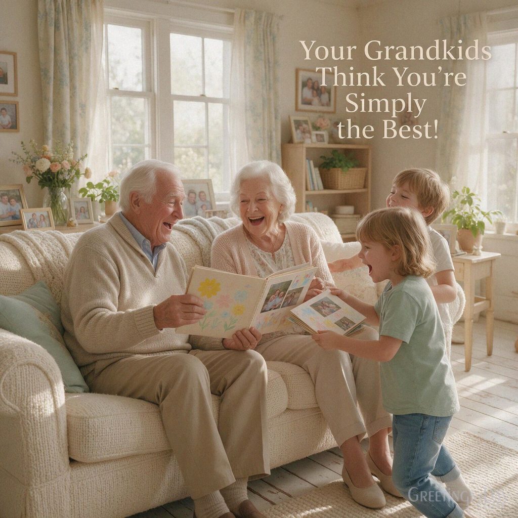 Cute Grandparents Day message from grandchildren surprising Grandma and Grandpa with “Your Grandkids Think You’re Simply the Best!” with the text