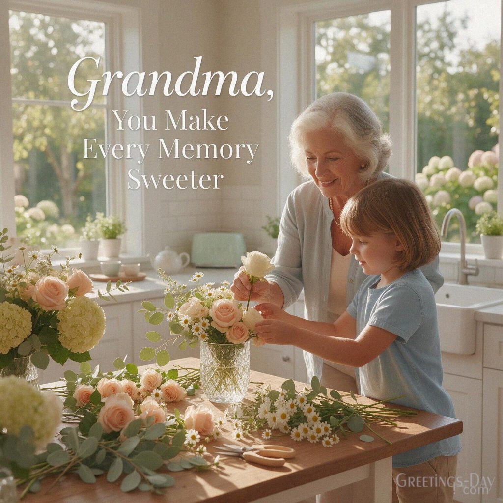 Heartfelt Grandparents Day message for Grandma sharing a flower-arranging moment with her grandchild and “You Make Every Memory Sweeter” with the text 