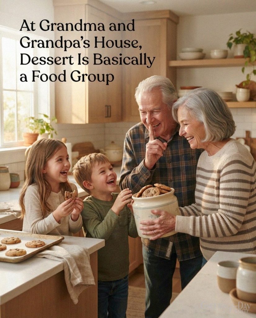 Funny Grandma and Grandpa quote with grandchildren and cookies saying “At Grandma and Grandpa’s House