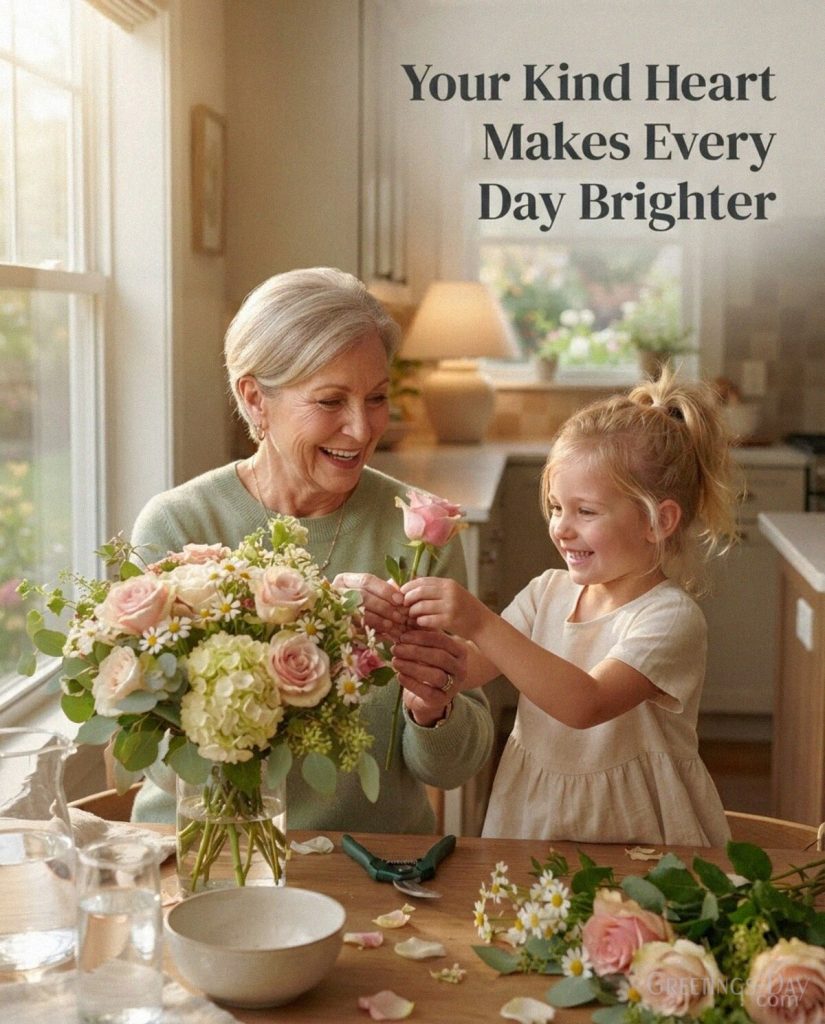 Sweet message for Grandma with fresh flowers and the words “Your Kind Heart Makes Every Day Brighter” with the text 