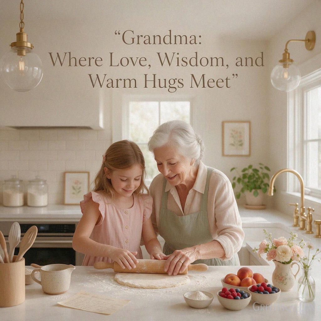 Heartfelt Grandparents Day quote for Grandma in a warm family kitchen and “Grandma: Where Love