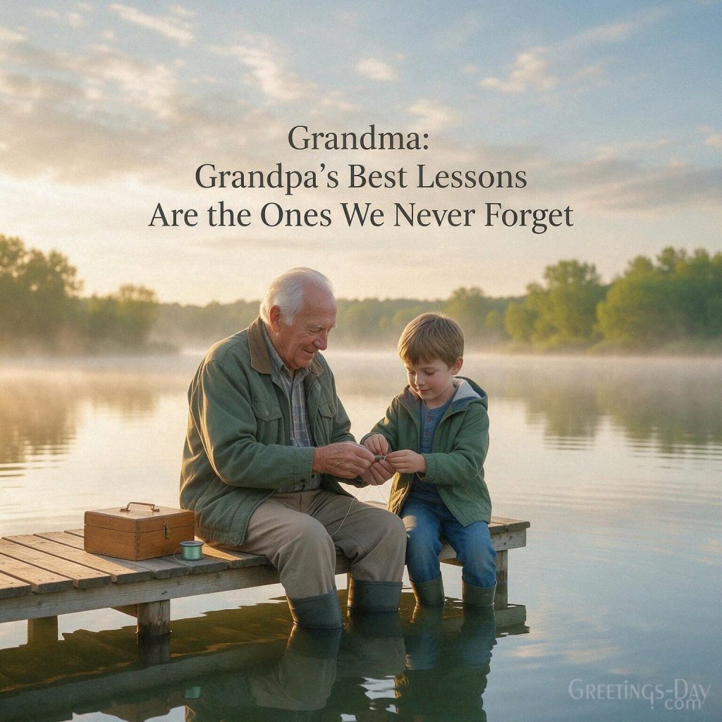 Grandparents Day quote for Grandpa teaching his grandson to prepare fishing gear and “Grandpa’s Best Lessons Are the Ones We Never Forget” with the text