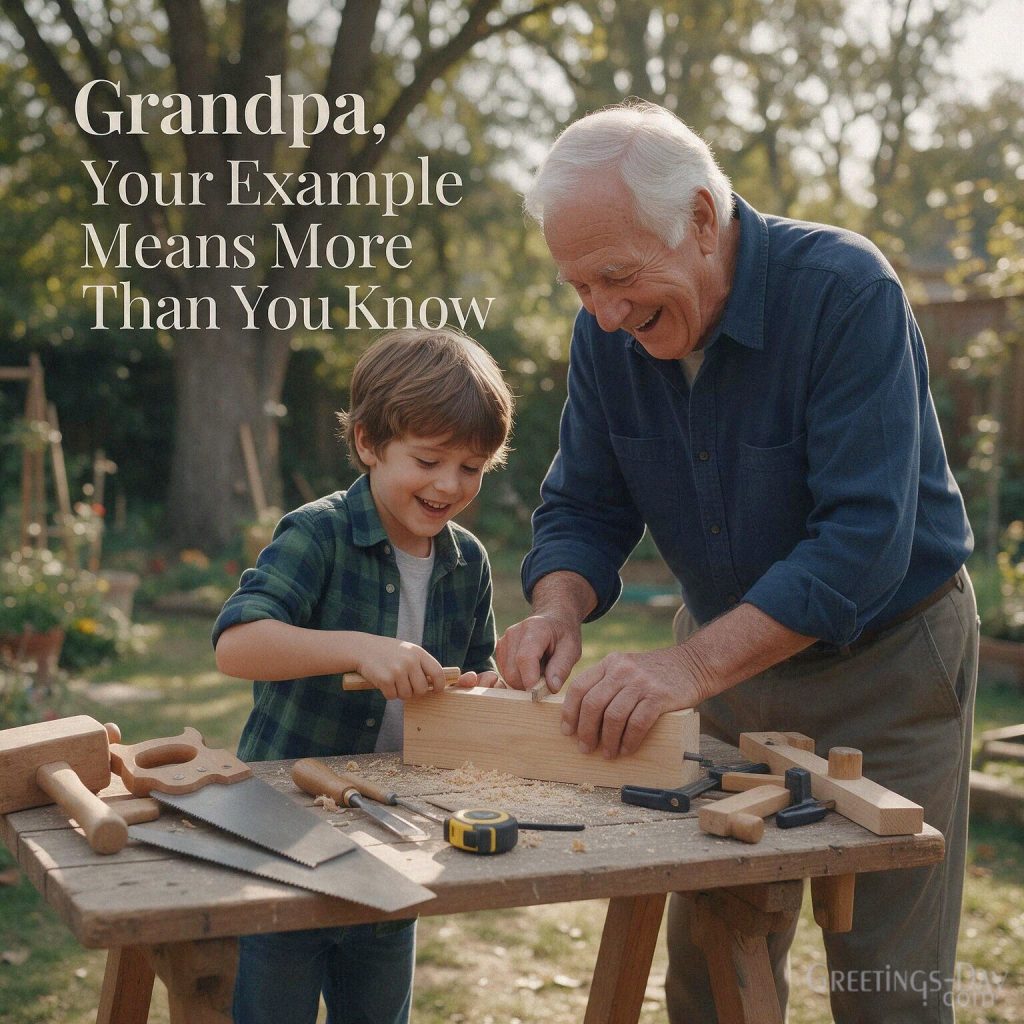 Grandpa appreciation message showing a grandfather teaching his grandchild with “Your Example Means More Than You Know” with the text